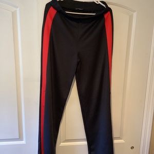 Zara Black Track Pants with red side stripes flare legs open snap buttons in L